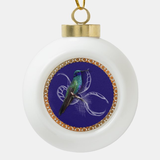 Türkisgrün und blau mit lila Kolibri Keramik Kugel-Ornament (Vorderseite)