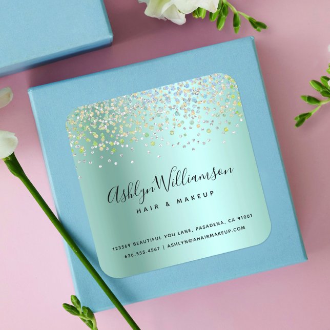 Türkisgrüne Friseursalon-Make-up-Künstler Quadratischer Aufkleber (Von Creator hochgeladen)