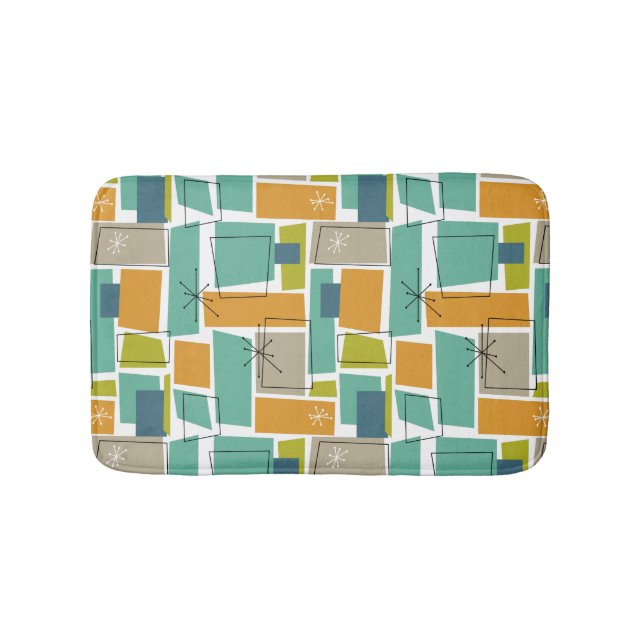 Türkisgrüne Orange Funky Squares Mitte Jahrhundert Badematte (Vorderseite)