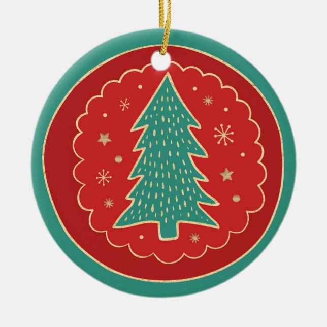 Türkisgrüne Rote Gold Weihnachtsbaum Keramik Ornament (Vorne)