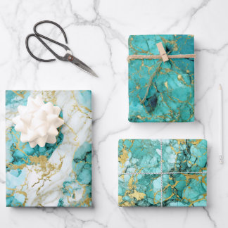 Türkisgrüner und goldener Marmor Geschenkpapier Set
