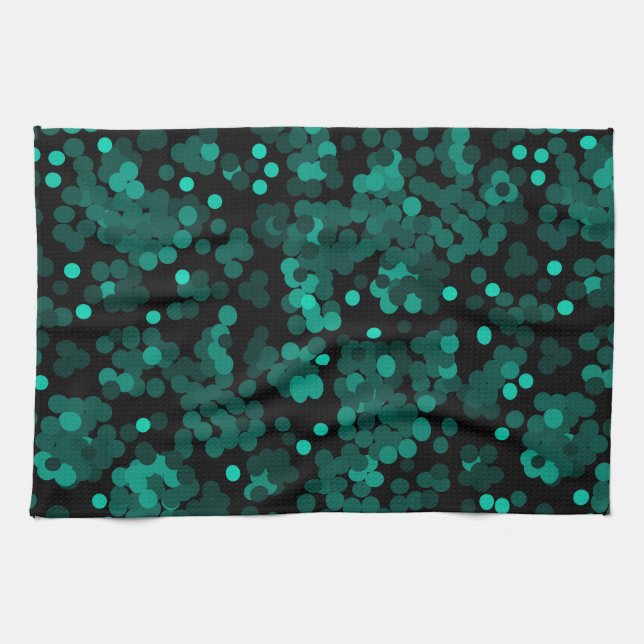 Türkisgrünes Polka-Punktmuster auf schwarz Geschirrtuch (Horizontal)
