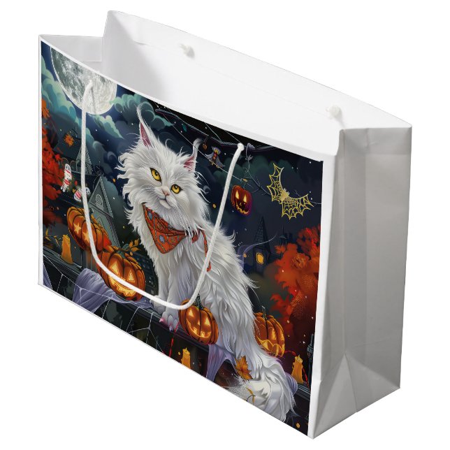 Turkish Angora Cat Halloween Spooky Große Geschenktüte (Vorderseite Schrägansicht)