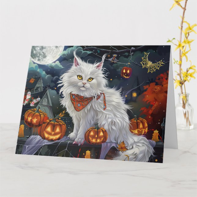 Turkish Angora Cat Halloween Spooky Karte (Gelbe Blume)