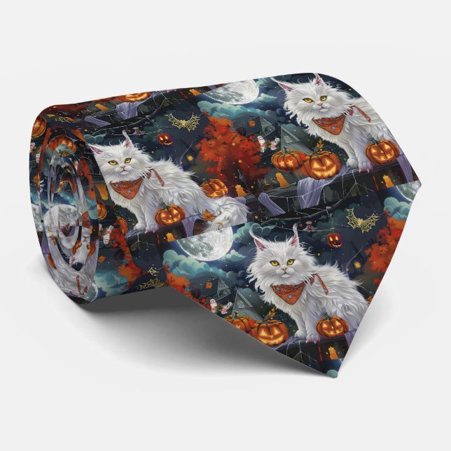 Turkish Angora Cat Halloween Spooky Krawatte (Gerollt)