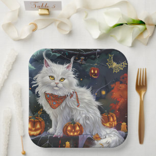 Turkish Angora Cat Halloween Spooky Pappteller