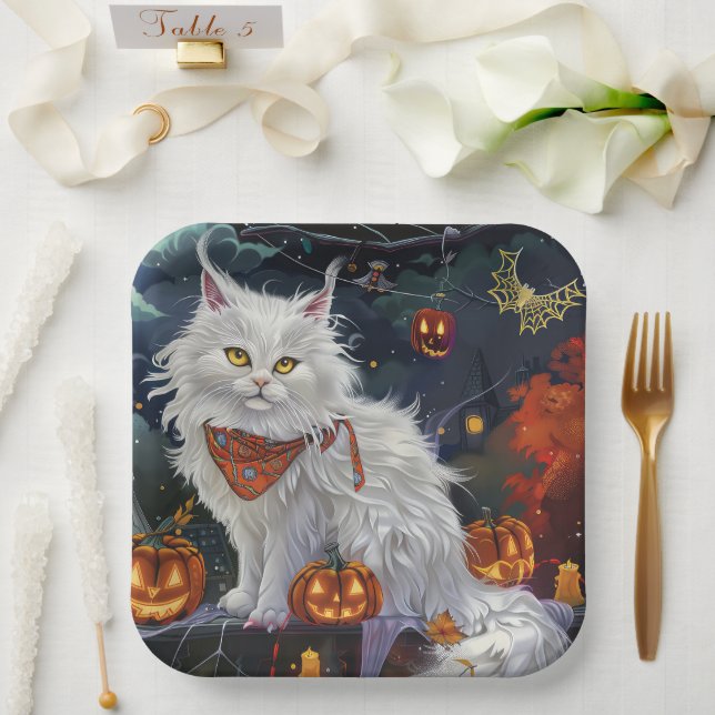 Turkish Angora Cat Halloween Spooky Pappteller (Hochzeit)