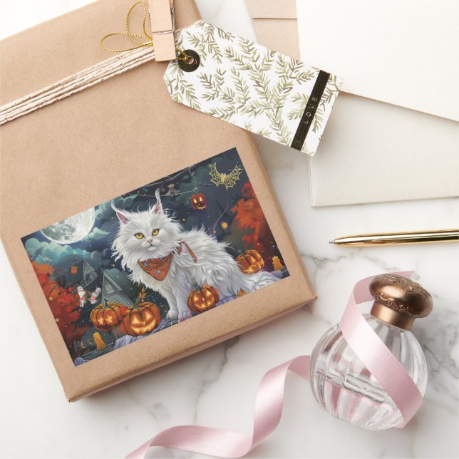 Turkish Angora Cat Halloween Spooky Rechteckiger Aufkleber (Schenken)