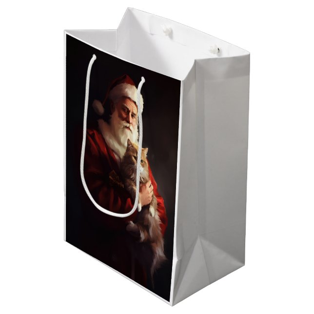 Turkish Angora Cat Santa Claus Weihnachten Mittlere Geschenktüte (Vorderseite Schrägansicht)