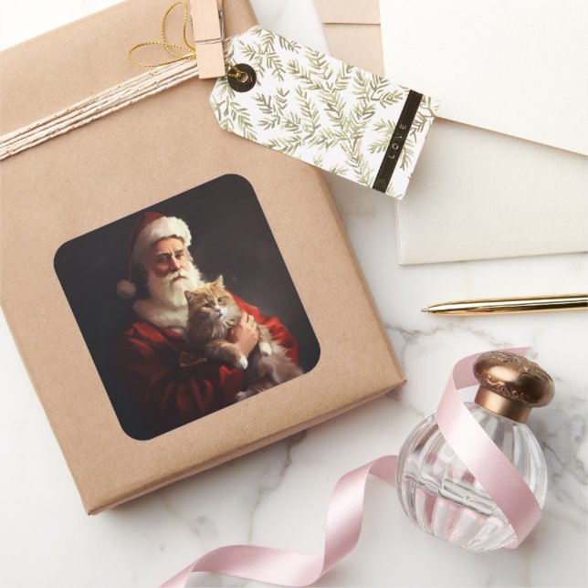 Turkish Angora Cat Santa Claus Weihnachten Quadratischer Aufkleber (Schenken)