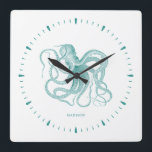 Türkisktopus und Ziffern auf weißem Monogramm Quadratische Wanduhr<br><div class="desc">Türkisfarbener Oktopus und Ziffern auf weißem Hintergrund. Einfaches und elegantes Design.</div>