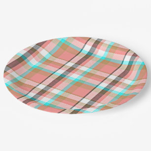 Türkisrosa Retro Chictartan-kariertes Muster Pappteller