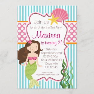 Türkisstreifen, rosa Polka Dot Brünett Mermaid Einladung