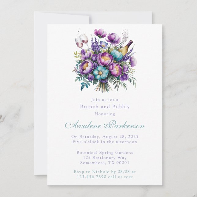 Türkisviolette Blumen Peony Brunch und Bubbly Einladung (Vorderseite)