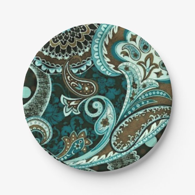 Türkquoise Brown Vintag Paisley Pappteller (Vorderseite)