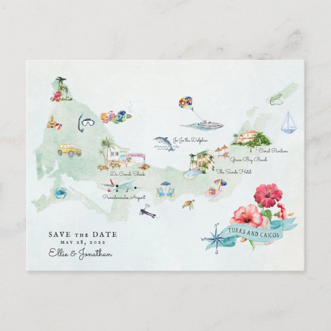 Turks & Caicos | Hochzeit in Urlaubsort Fahrplan Ankündigungspostkarte (Vorderseite)