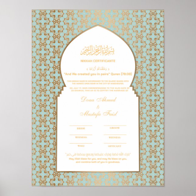 Turkuaz mit Gold nikkah-Zertifikat Poster (Vorne)
