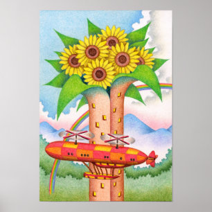 Turm aus voll erblühten Sonnenblumen. Poster