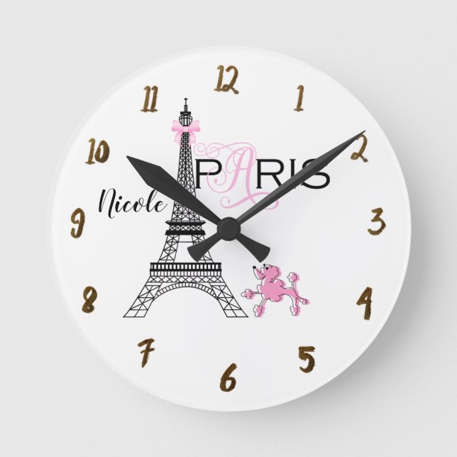 Turm-Rosa-PudelChic Paris Eiffel personalisiert Runde Wanduhr (Vorderseite)