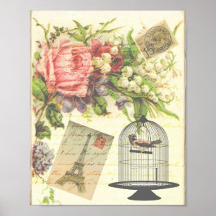 Turm Vintager Vogel-Blumenfranzose-Paris Eiffel Poster