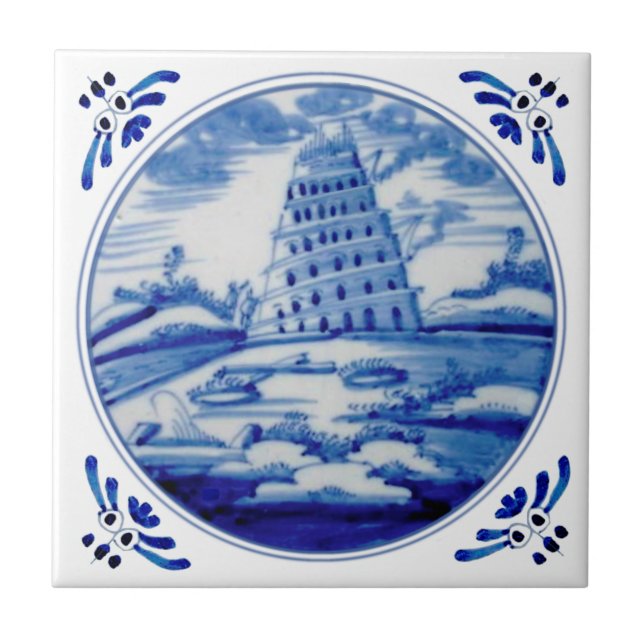 Turm von Babel Blue White Delft 19. Jahrhundert Re Fliese (Vorderseite)
