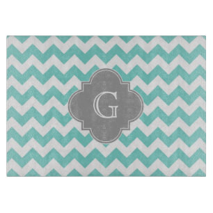 Turq / Aqua Weiß Chevron Grau Quatrefoil Monogramm Schneidebrett