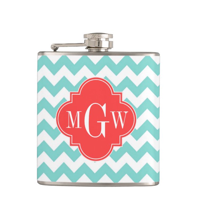 Turq Aqua Welch Zickzack Korallenfolie 3 Monogramm Flachmann (Vorderseite)