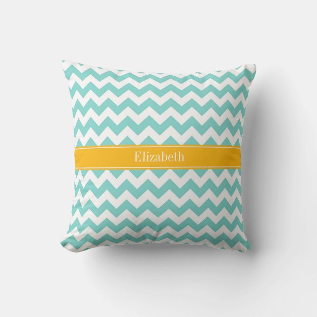 Turq/Aqua Welches Zickzack Goldenrod Name Monogram Kissen (Vorderseite)