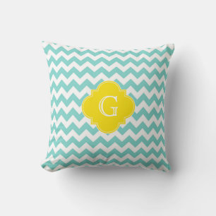 Turq / Aqua Wht Chevron Gelb Vierblatt-Monogramm Kissen