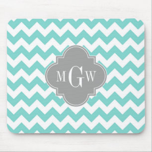 Turq / Aqua Wht Chevron Grau 3 Initialen Monogramm Mousepad