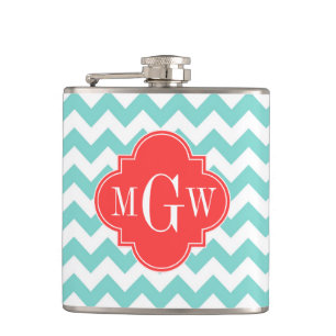 Turq Aqua Wht Chevron Koralle Vierpass 3 Monogramm Flachmann