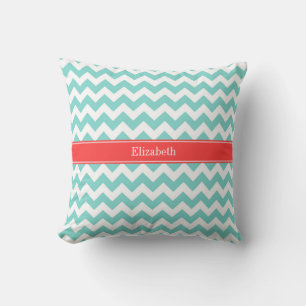 Turq / Aqua Wht Chevron Korallenrot Namensmonogram Kissen