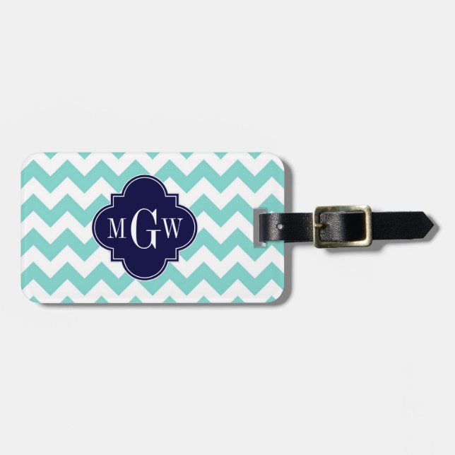 Turq / Aqua Wht Zickzack Navy 3 Initial Monogram Gepäckanhänger (Vorderseite horizontal)