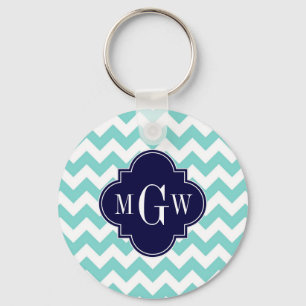 Turq / Aqua Wht Zickzack Navy 3 Initial Monogram Schlüsselanhänger