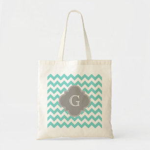 Turq/Aqua Zickzack-Graues Quatrefolienmonogramm Tragetasche