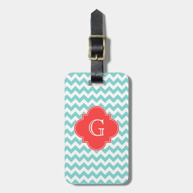 Turq/Aqua, Zickzack Korallenquatrefolienmonogramm Gepäckanhänger (Vorderseite vertikal)
