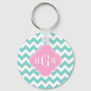 Turq / Aqua, Zickzack, rosa 3 Anfangsmonogramm Schlüsselanhänger