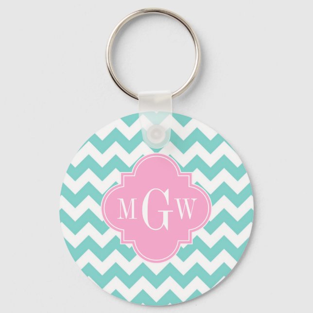 Turq / Aqua, Zickzack, rosa 3 Anfangsmonogramm Schlüsselanhänger (Vorderseite)