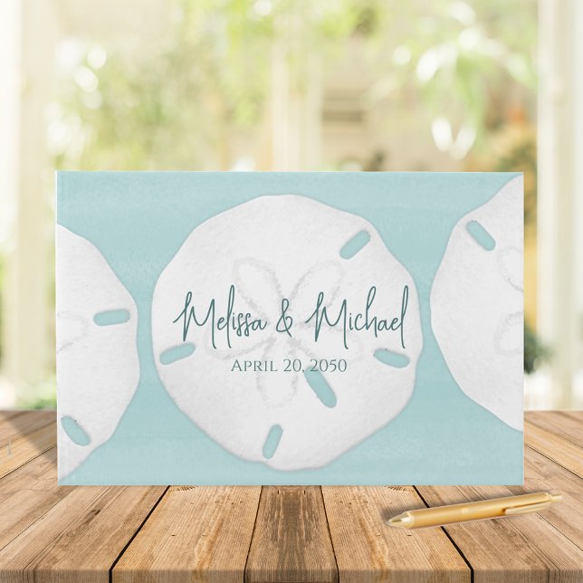 Turqiouse Wedding Beach Minimalistisch Sand Dollar Gästebuch (Beach destination wedding coastal nautical sand dollar custom guestbook)
