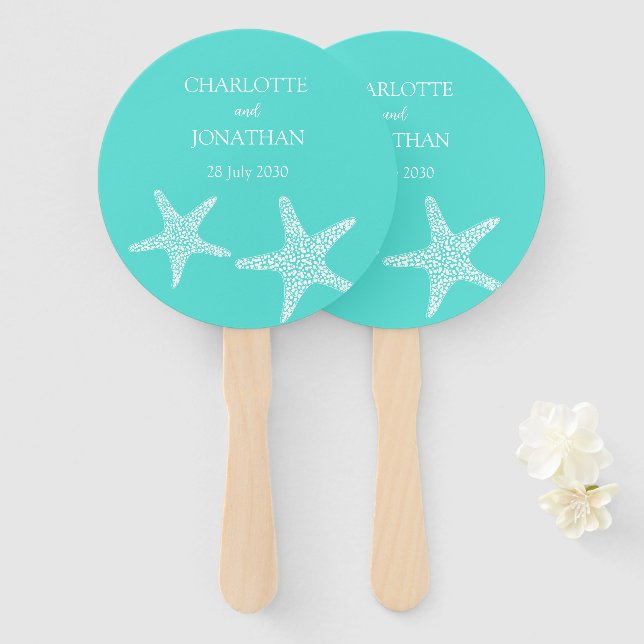 Turqoise Modern Tropical Starfish Beach Hochzeit Fächer (Vorne und Hinten)