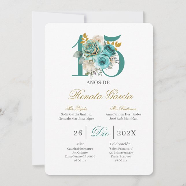 Turqouise floral quinceañera invitation (Devant)