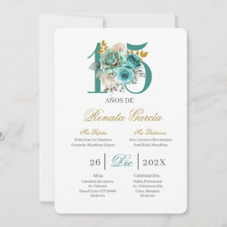 Turqouise floral quinceañera invitation einladung