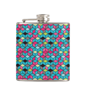 Turqouise und rosa Cube-Muster Flachmann