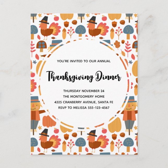 Turquie & Scarecrow Thanksgiving Motif Invitation (Devant)
