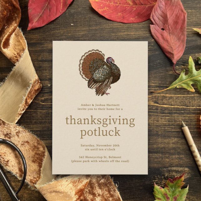Turquie vintage Thanksgiving Potluck Invitation (warm beige thanksgiving dinner invitation with male tom turkey prancing at the top and QR link)