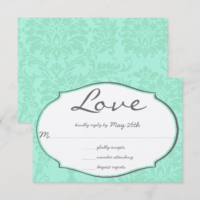 Turquiose Mint Damask Wedding UAWG Einladung (Vorne/Hinten)