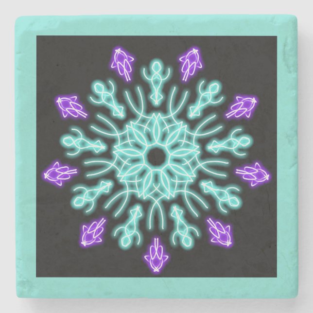 Turquiose und lila neonale Blume Steinuntersetzer (Vorderseite)