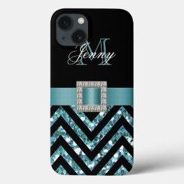 TURQUOISCH SCHWARZ ZICKZACK GLITZER MÄDLICH iPhone 13 HÜLLE