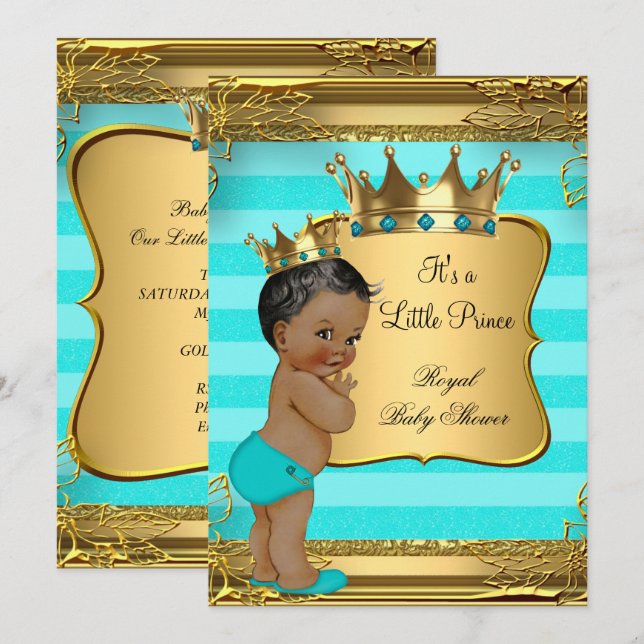 Turquoise African American Prince Baby Dusche Einladung (Vorne/Hinten)