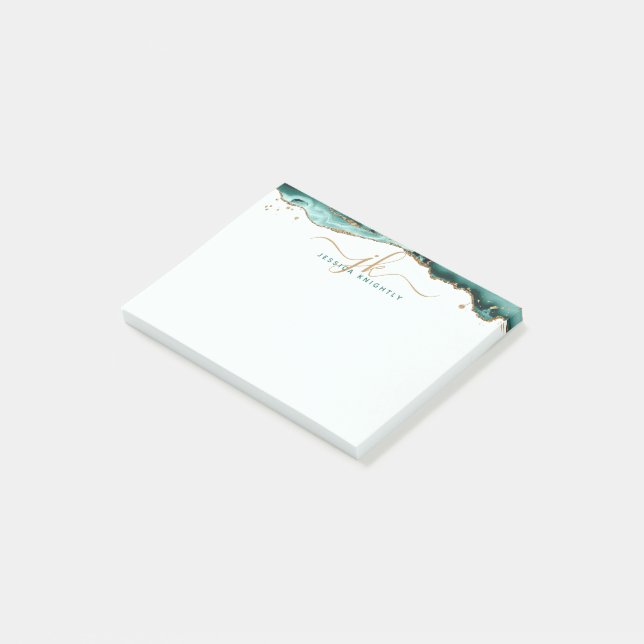 Turquoise Agate Geode Gold Glitzer Script Monogram Post-it Klebezettel (angewinkelt)